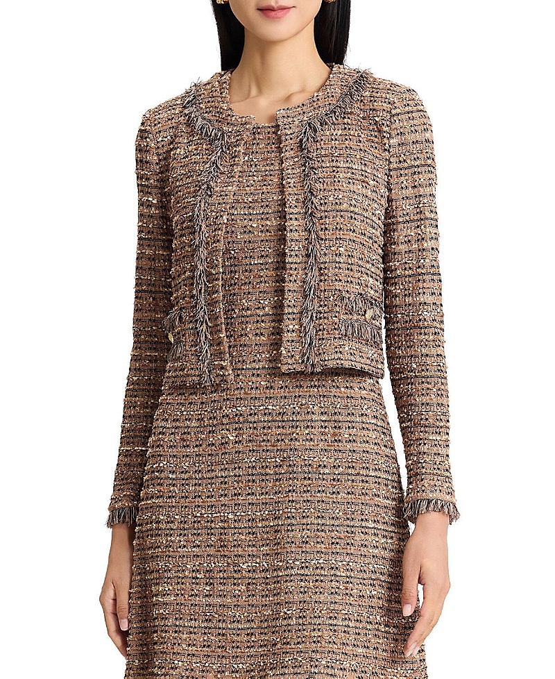 Ming Wang Heritage Eyelash Tweed Knit Jacket In Warm Taupe/black