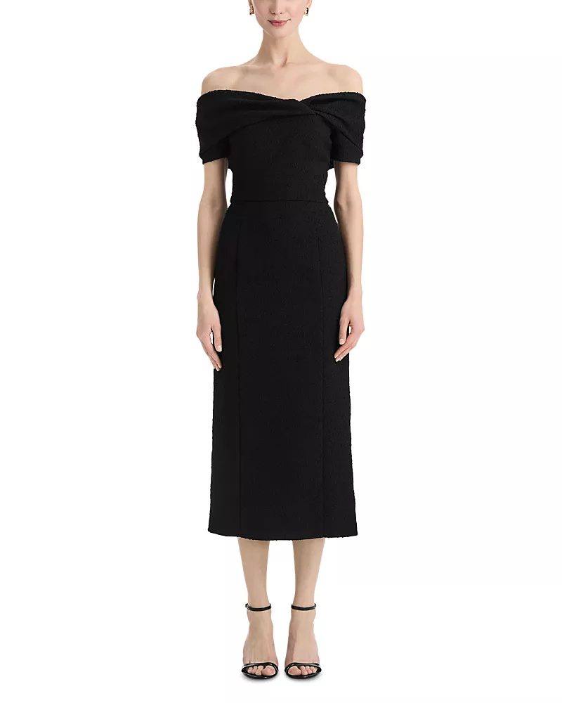 Oscar de la Renta Off-the-Shoulder Slubby Tweed Dress