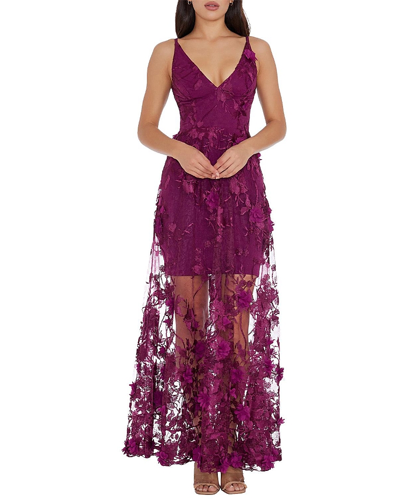 Dress The Population Sidney V-neck 3d Floral Sheer Overlay Gown In Dark Magenta