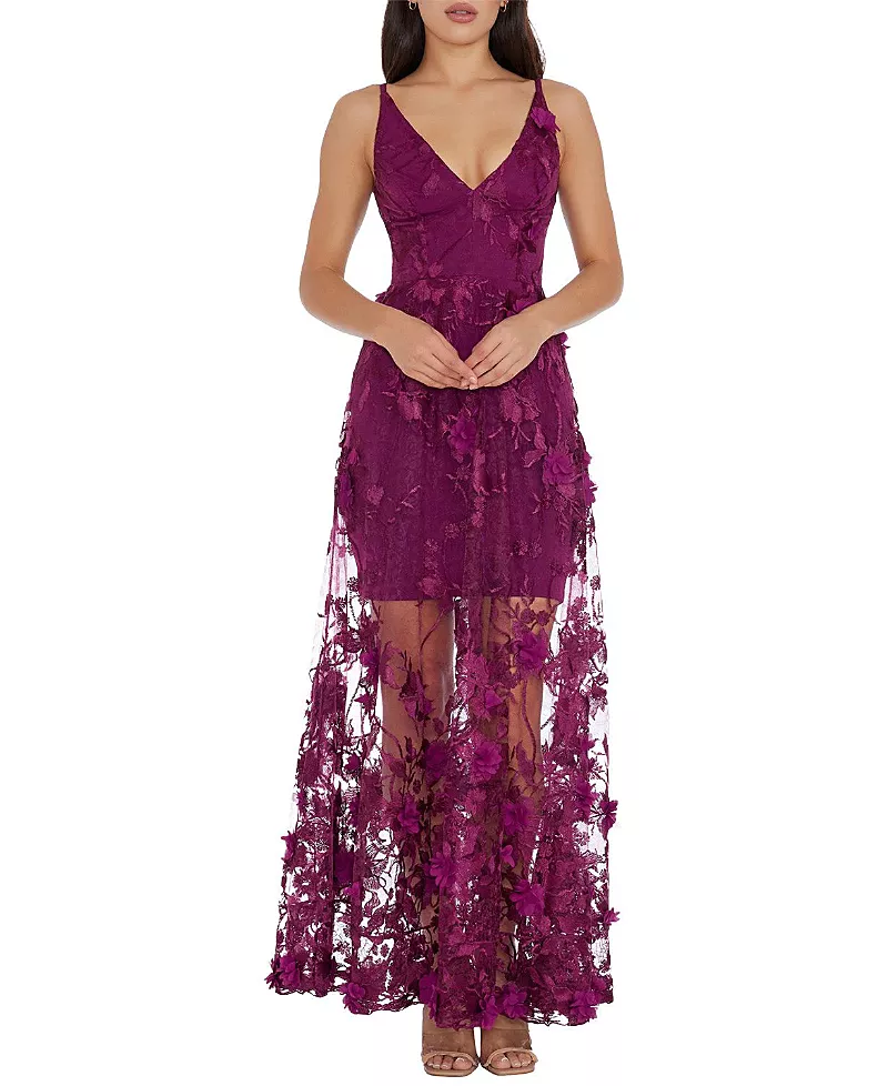 Dress the Population Sidney V-Neck 3D Floral Sheer Overlay Gown