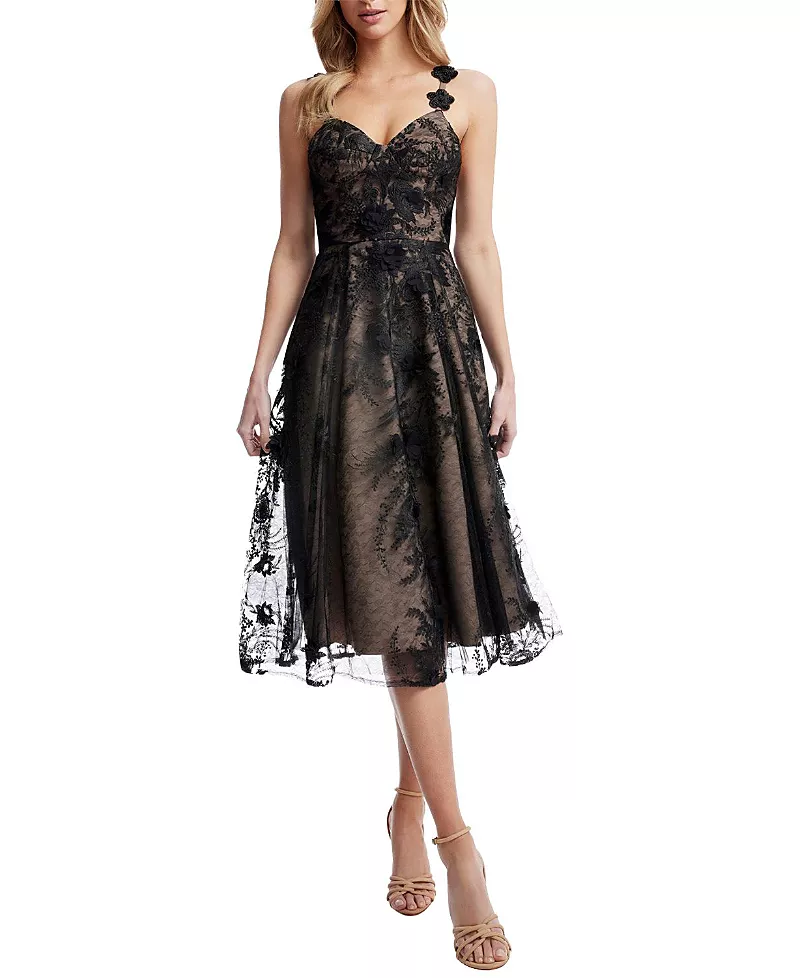 Dress the Population Maren Sweetheart Neck 3D Floral Lace Midi Dress