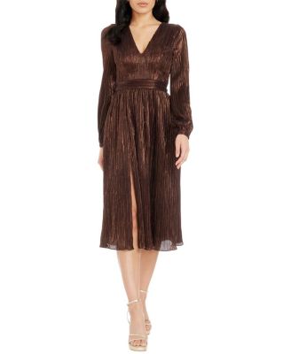 Dress the Population Holly Long Sleeve V-Neck Metallic Pleated Midi Dress