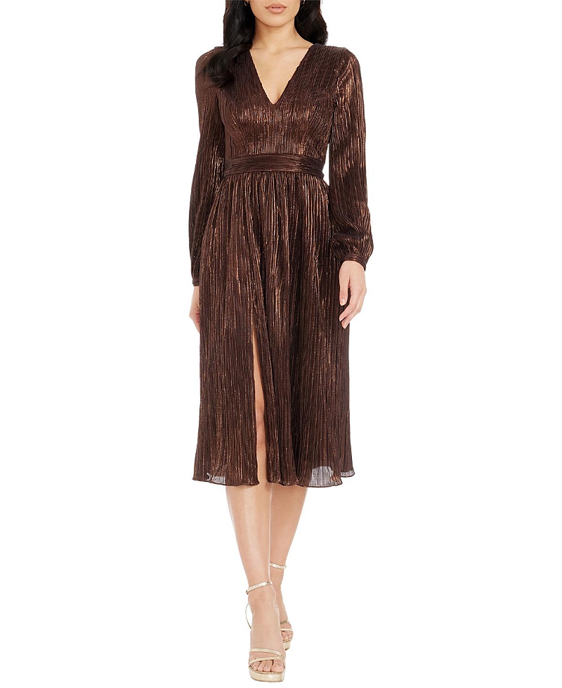 Dress the Population Holly Long Sleeve V-Neck Metallic Pleated Midi Dress