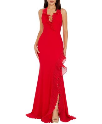  Kathleen Halter Plunge Ruffle Slit Gown