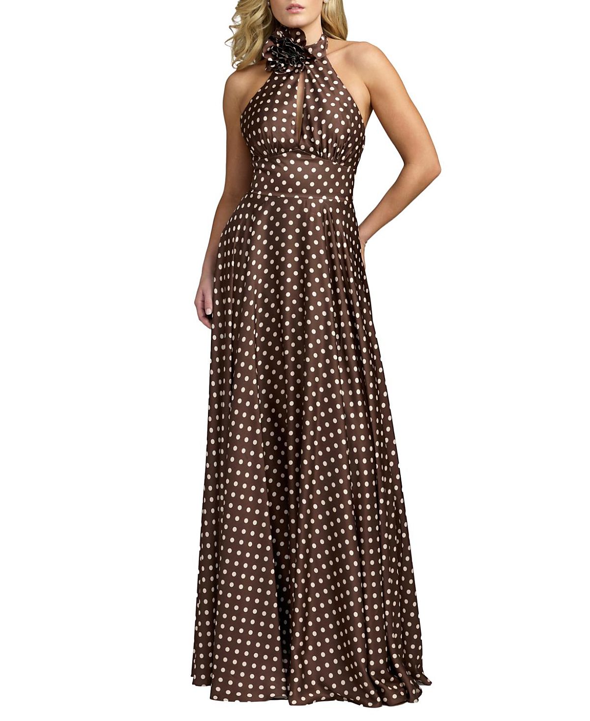 Mac Duggal Polka Dot A-Line Halter Gown With Rosette