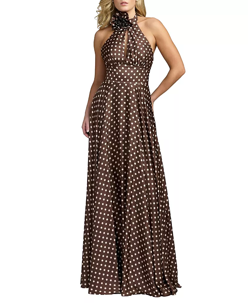 Mac Duggal Polka Dot A-Line Halter Gown With Rosette
