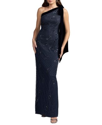  Beaded One Shoulder Gown With Velvet Bow