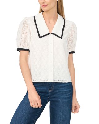 Collared Puff Sleeve Lace Top