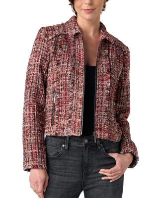 Zip Front Fringe Trim Tweed Jacket 