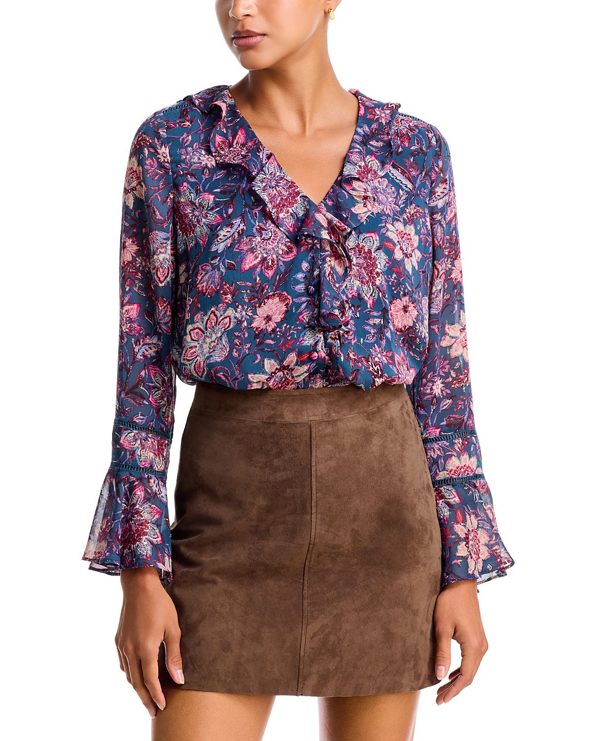 Aqua Floral Print Ruffled Long Sleeve Top - Exclusive