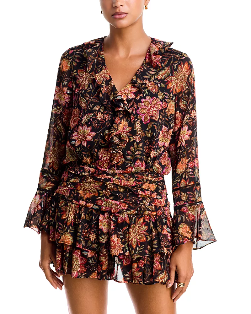 Aqua Floral Print Ruffled Long Sleeve Top - Exclusive