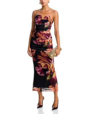 Placed Floral Mesh Strapless Iris Print Maxi Dress - Exclusive - thumbnail 2
