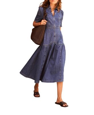  Women's Puff Sleeve Denim Midi Dress