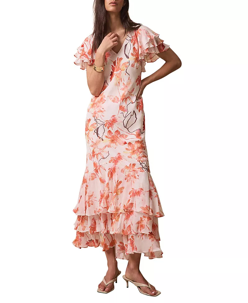 Mint Velvet Women's Floral Ruffle Tie-Back Midi Dress