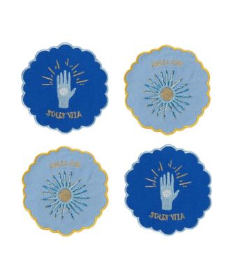 Nilufer 4 Pcs Digital Printed Overlocked Embroidered 100% Cotton Coaster Set, 5.12" x 5.12"