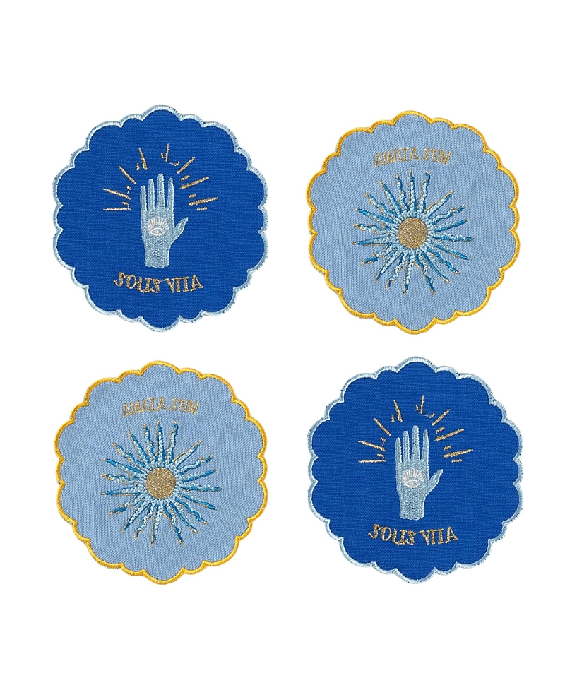 Zsa Zsa Zsu Nilufer 4 Pcs Digital Printed Overlocked Embroidered 100% Cotton Coaster Set, 5.12 x 5.12