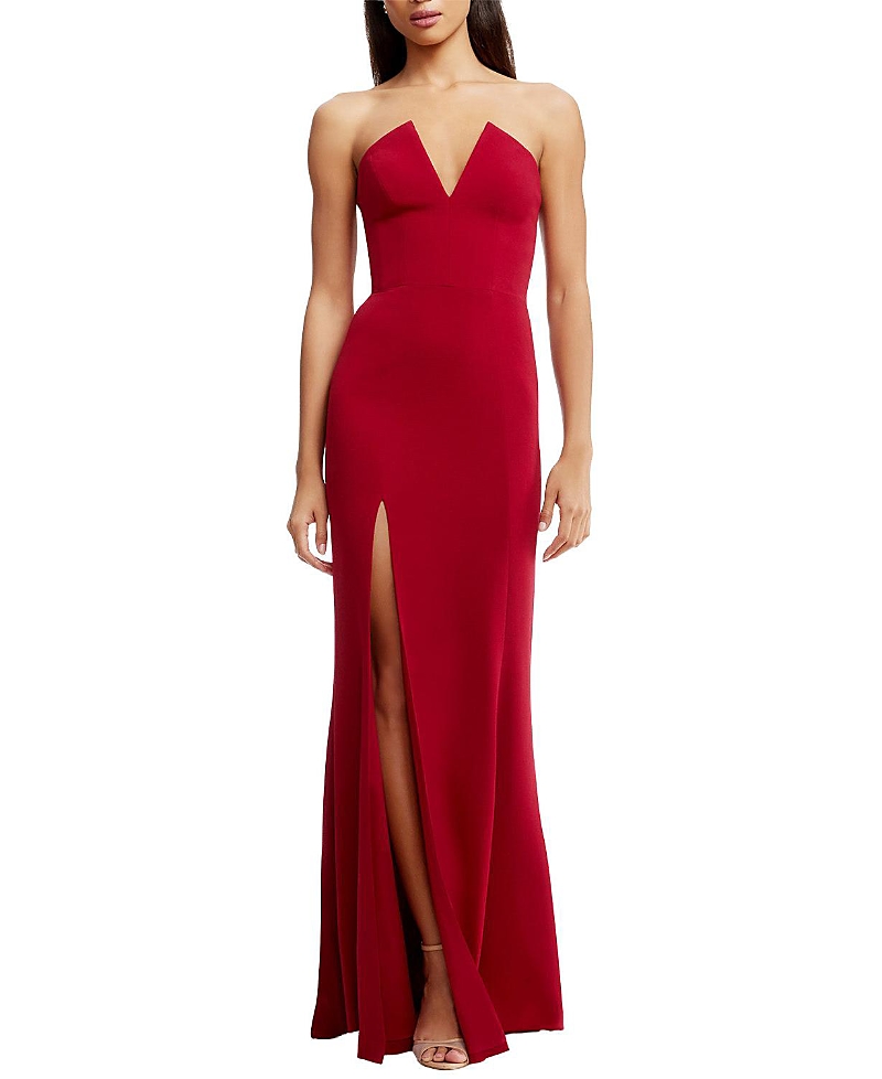 Dress The Population Fernanda Strapless Plunge V-Neck High Slit Gown