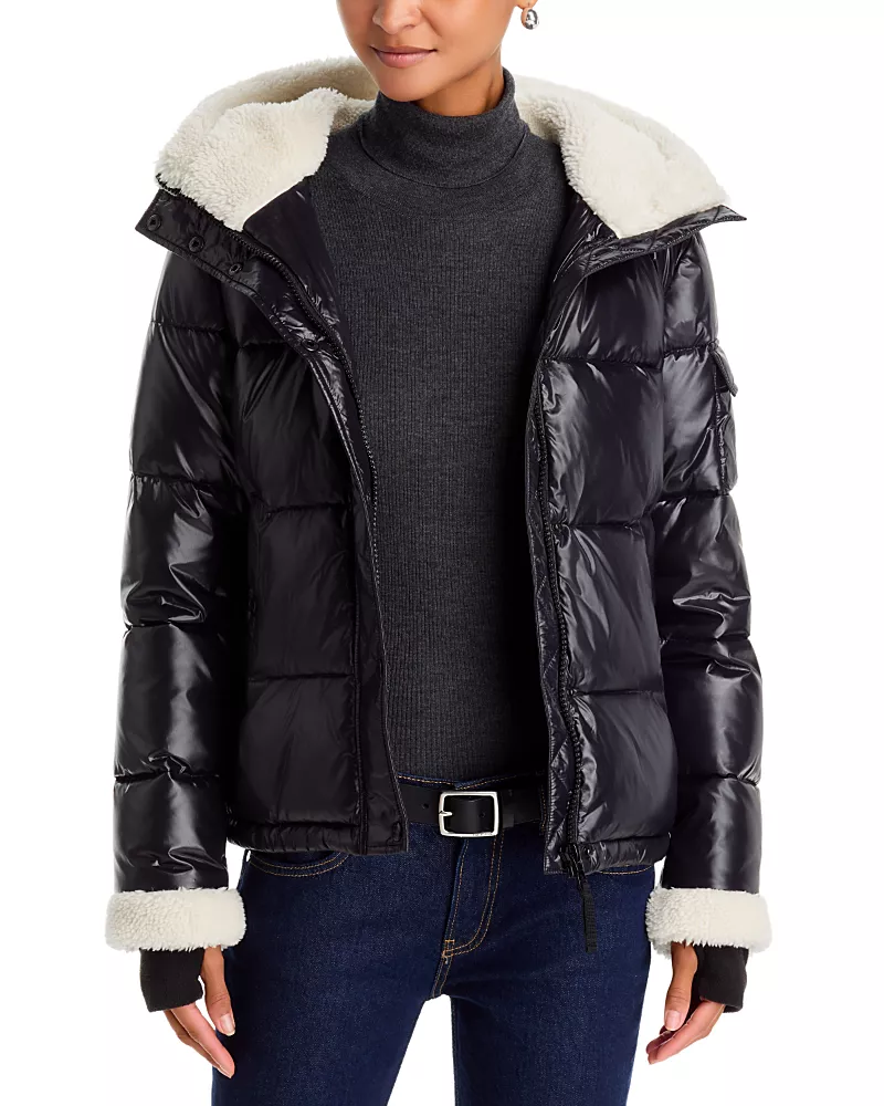Aqua Sherpa Trim Hooded Gloss Puffer Coat - Exclusive