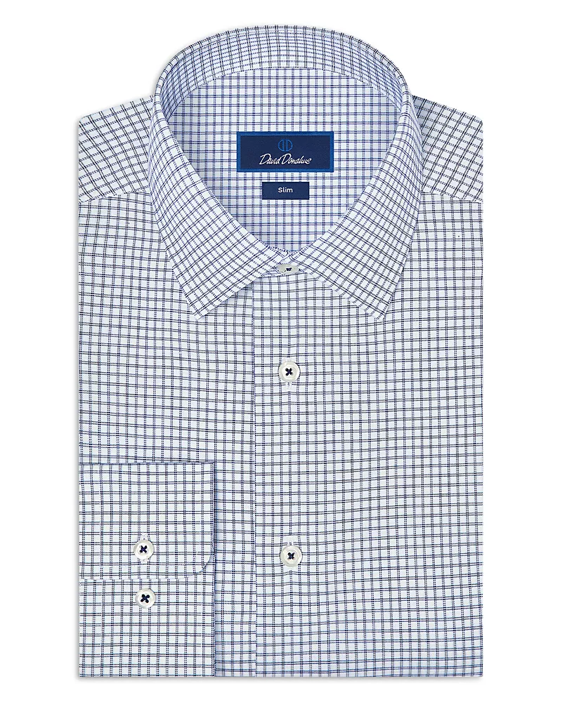 David Donahue Slim Fit Cotton Blend Twill Check Dress Shirt