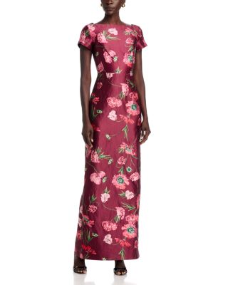 Floral Textured Satin Short Sleeve Gown