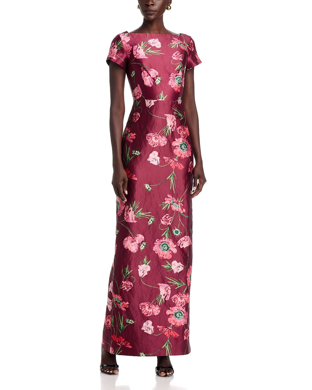 Erdem Floral Textured Satin Short Sleeve Gown