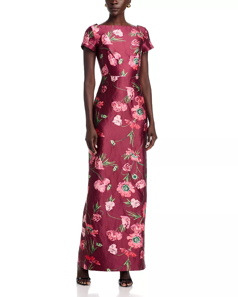 Erdem Floral Textured Satin Short Sleeve Gown