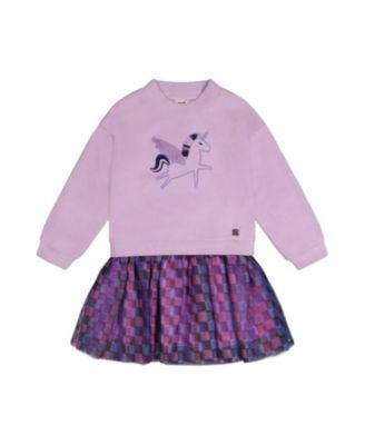  Girls' Brushed Jersey Mesh Skirt Bi-Material Dress - Big Kid