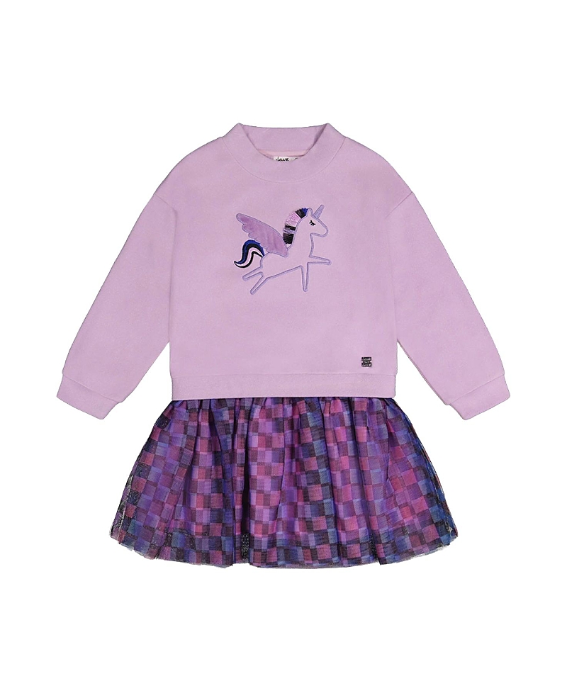 Deux par Deux Girls' Brushed Jersey Mesh Skirt Bi-Material Dress - Big Kid
