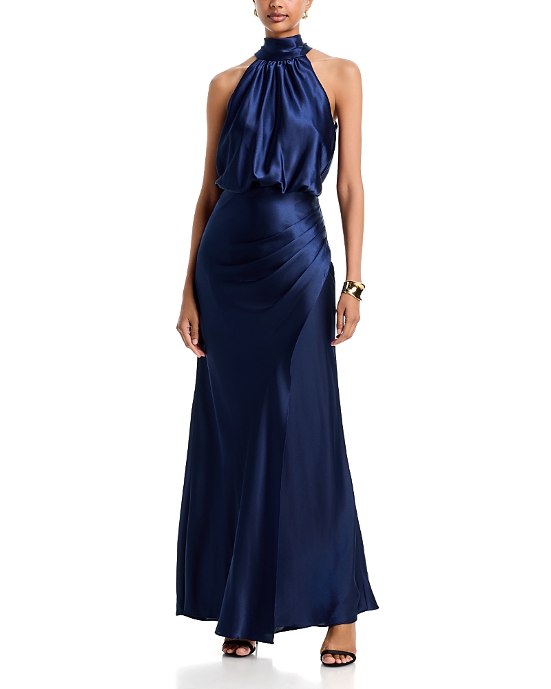 Aqua Long Charmeuse Tie Neck Dress - Exclusive