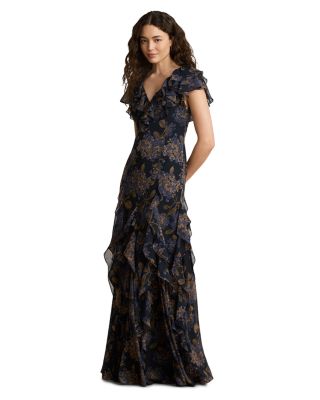 Floral Ruffle-Trim Georgette Gown