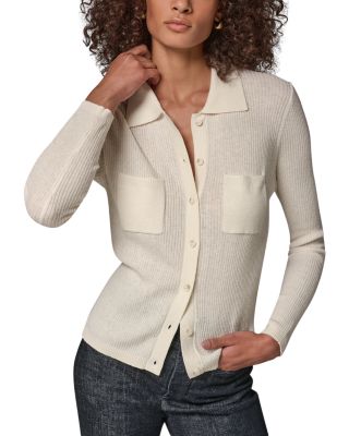 Donna Karan Weekend Polo Ribbed Button Down Sweater In Cream
