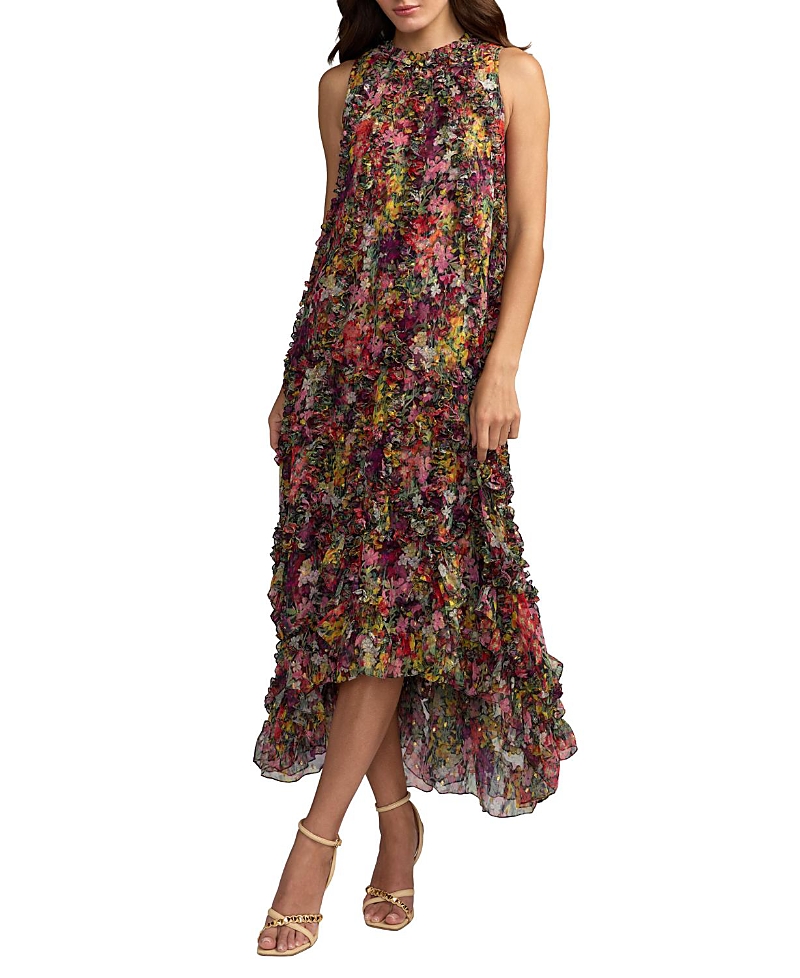 Mac Duggal Sleeveless Floral Print Chiffon Micro Ruffle Gown