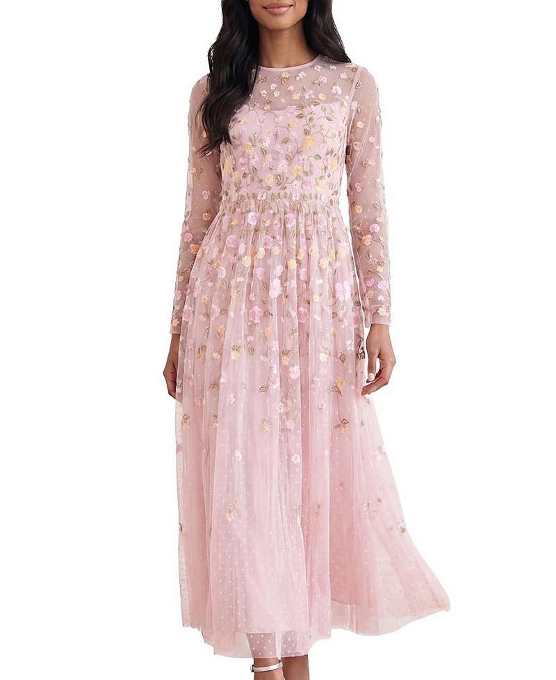 Needle & Thread Trailing Roses Long Sleeve Maxi Gown In Shell/multi