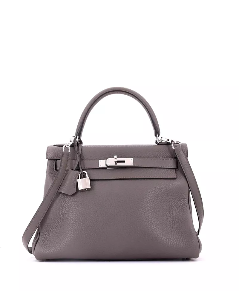 Pre-Owned HERMES Kelly 28 Handbag Grey Clemence with Palladium Hardware