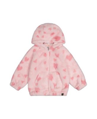 Girls' Hooded Full Zip Heart Jacquard Kangaroo Pocket Faux Fur Jacket - Little Kid