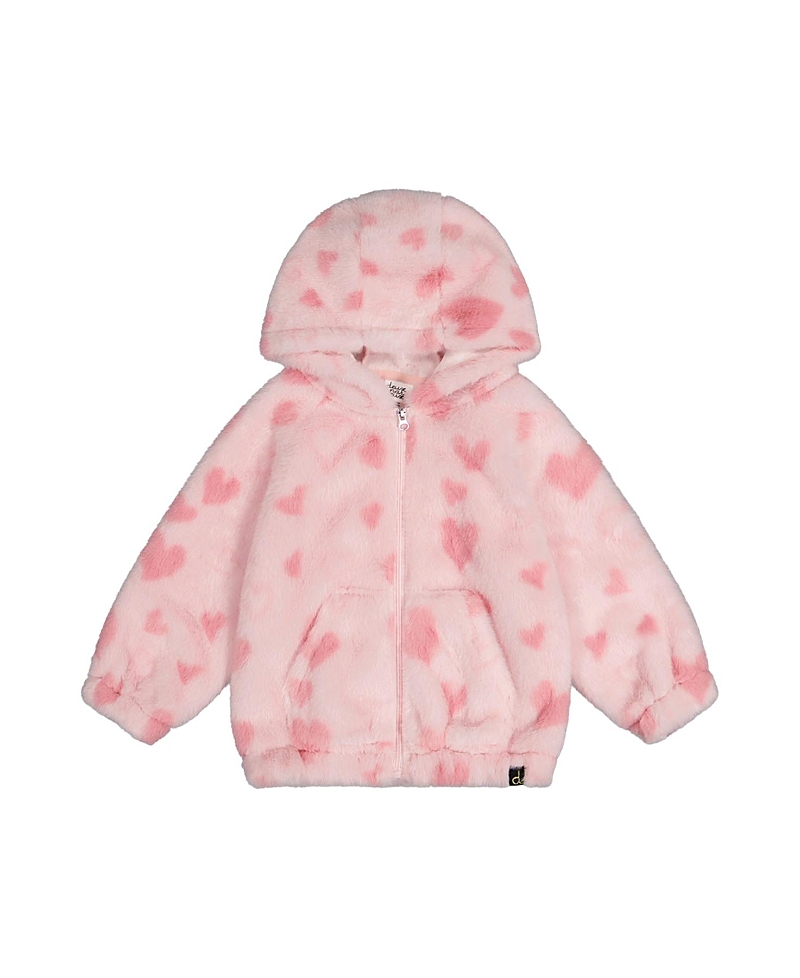 Deux par Deux Girls' Hooded Full Zip Heart Jacquard Kangaroo Pocket Faux Fur Jacket - Little Kid