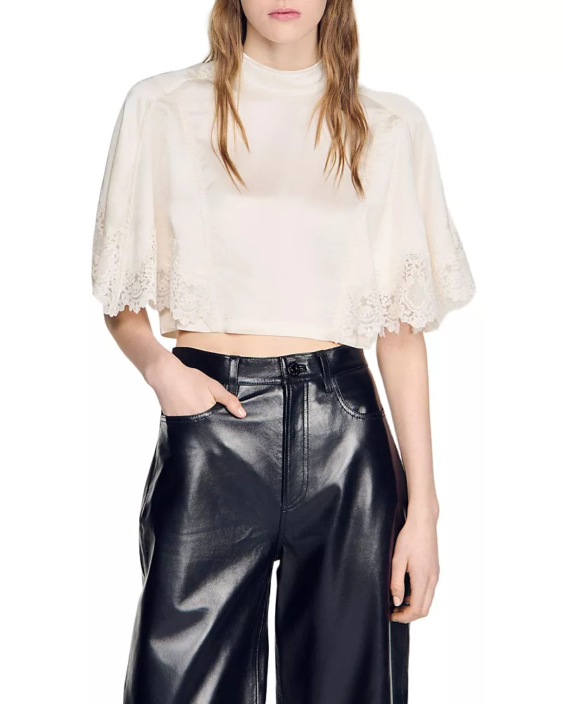 Sandro Voltige Satin Lace Trim Top