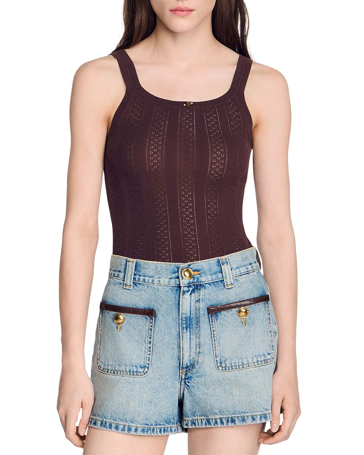 Sandro Aloe Cotton Blend Pointelle Tank