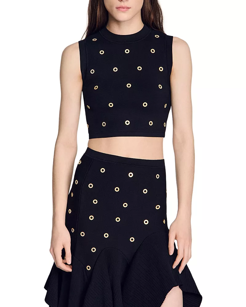 Sandro Bel Studded Knit Cropped Top