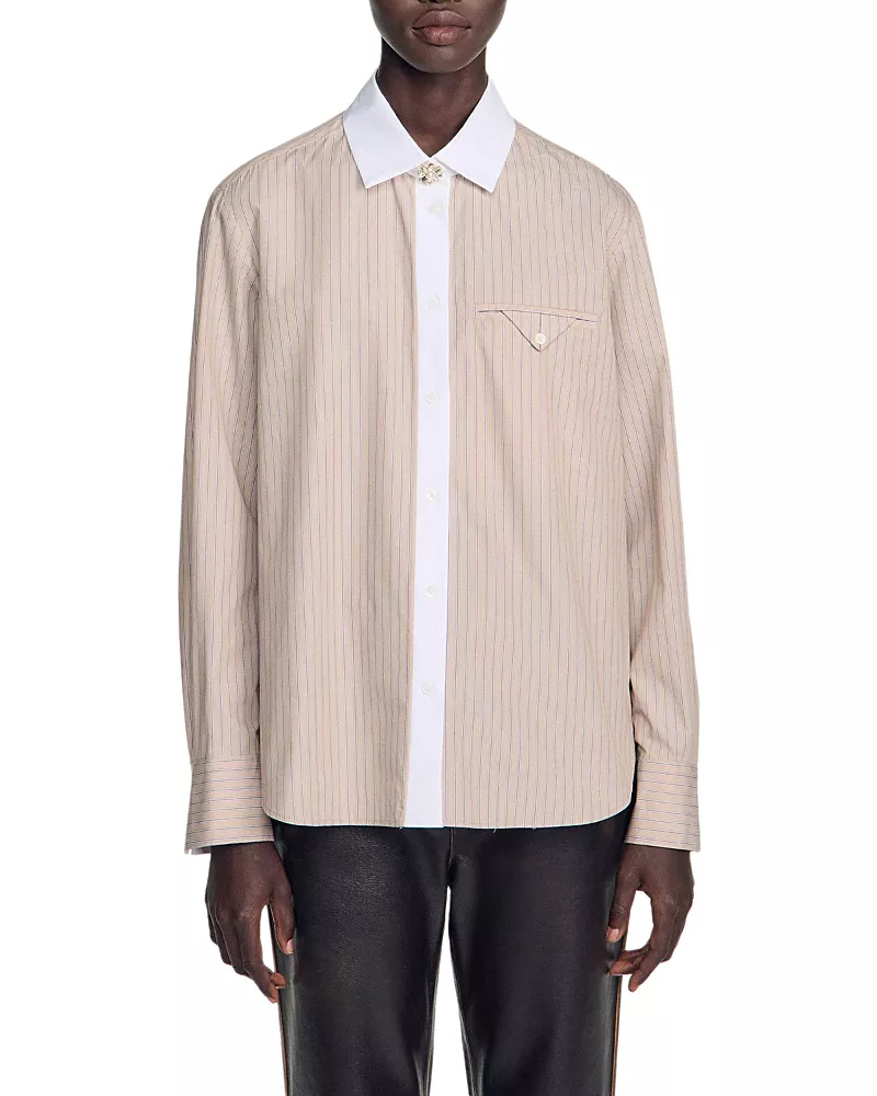 Sandro Natalya Striped Contrast Trim Shirt