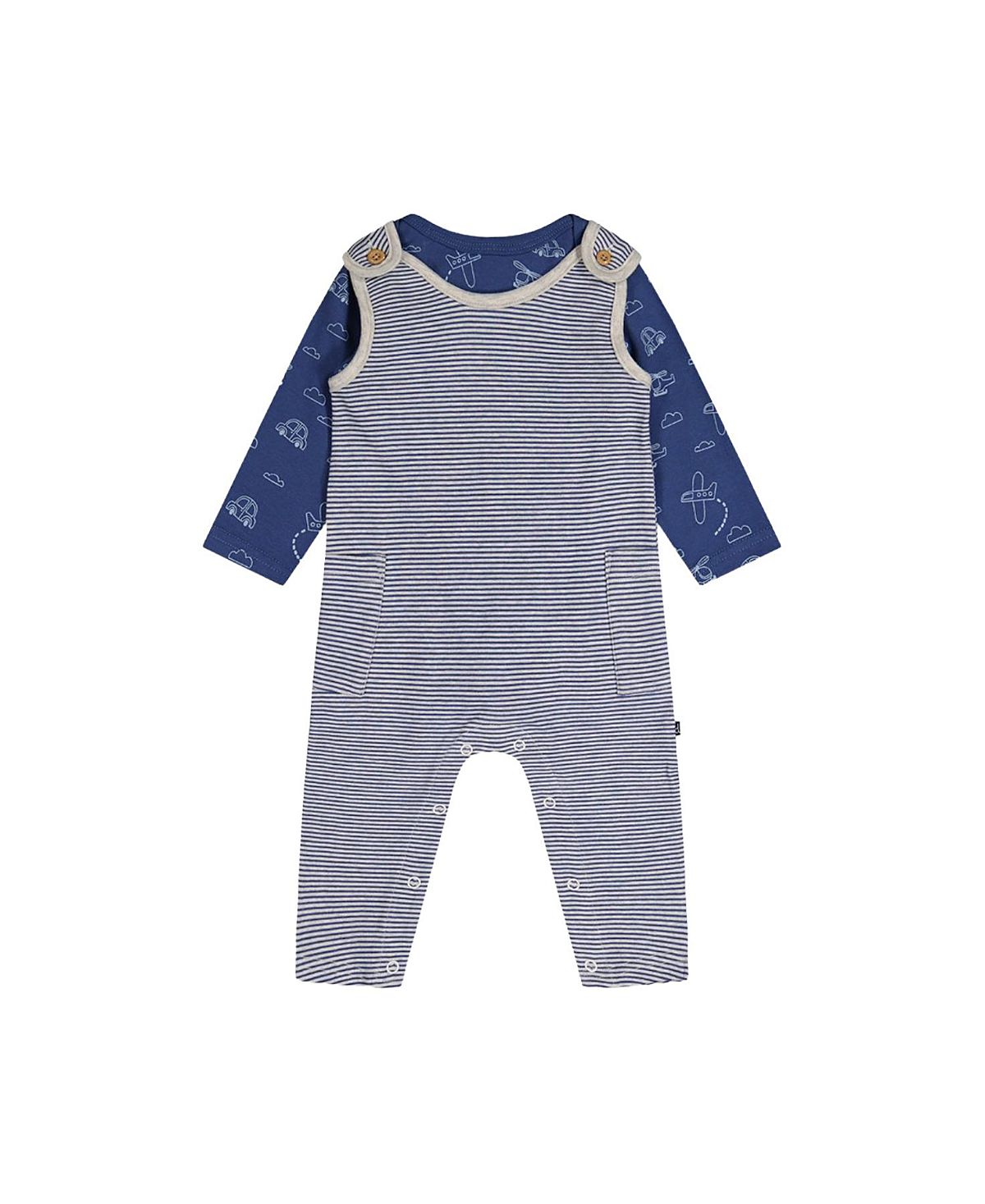 Deux par Deux Boys' Organic Cotton Transportation Romper and Striped Overall Set - Baby