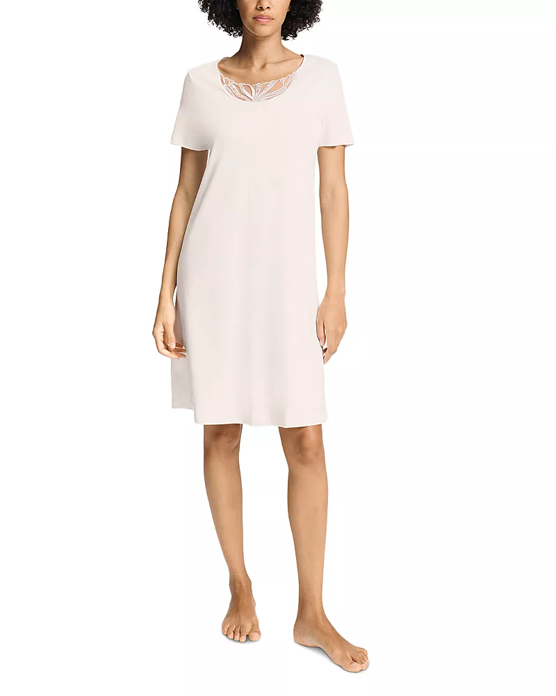 Hanro Short Sleeve Lace Trim Cotton Nightgown