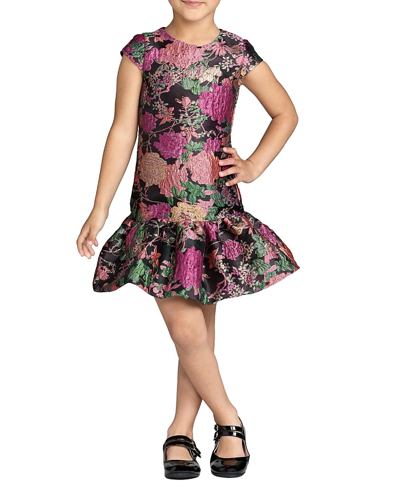 Mac Duggal Girls' Brocade Cap Sleeve Ruffle Hem Dress - Little Kid, Big Kid