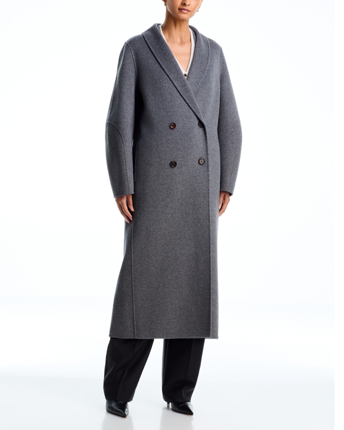 Lisa Yang Double Shawl Wool & Cashmere Coat in Mid Grey