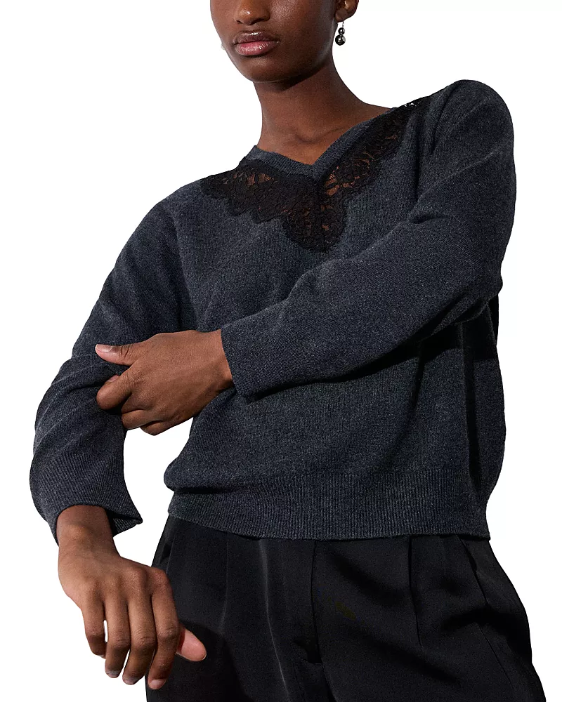 Whistles Lace Trim V Neck Sweater