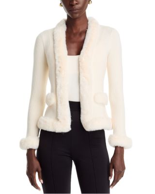 Faux Fur Trim V Neck Cardigan