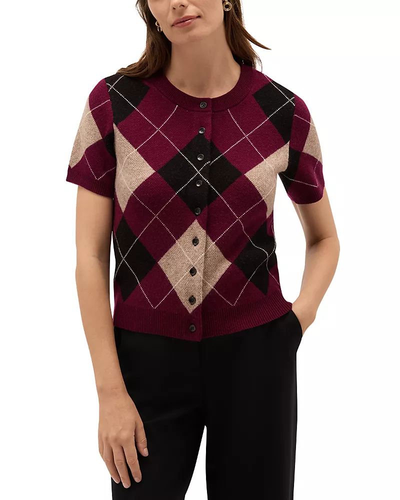 Hobbs London Livi Argyle Short Sleeve Cardigan Sweater