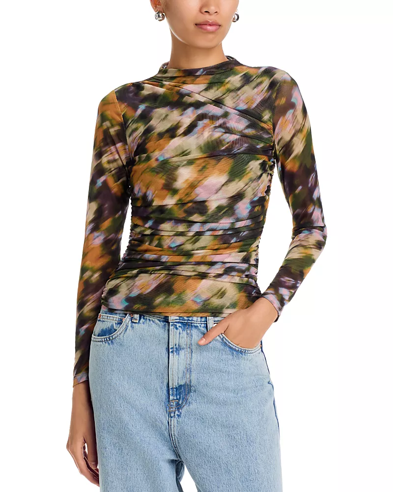 Aqua Printed Mesh Mock Neck Top - Exclusive