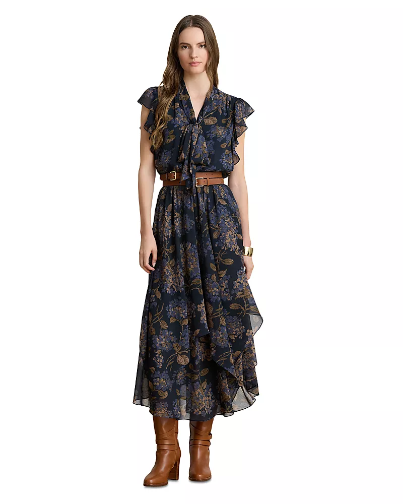 Lauren Ralph Lauren Crinkle Georgette Tie Neck Midi Dress