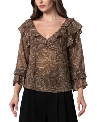 Liverpool Los Angeles Double Ruffle V Neck Blouse In Dark Espresso Tan Leaves